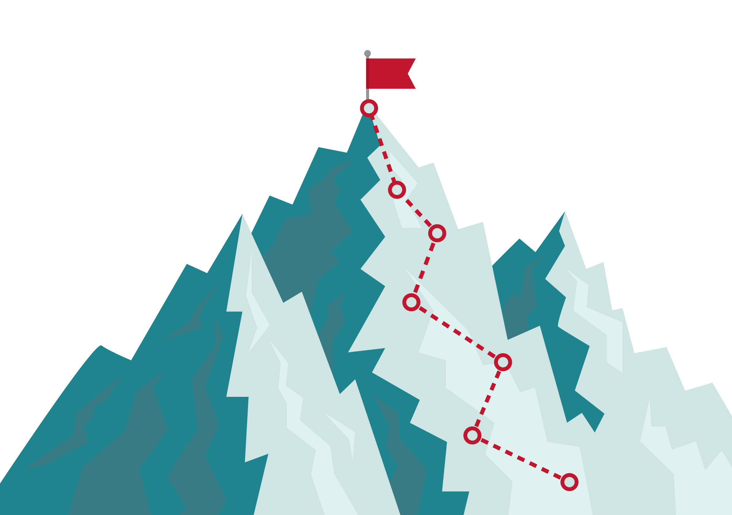 Zig-zag line going up the side of a mountain, ending at a flag perched on the mountain's peak.